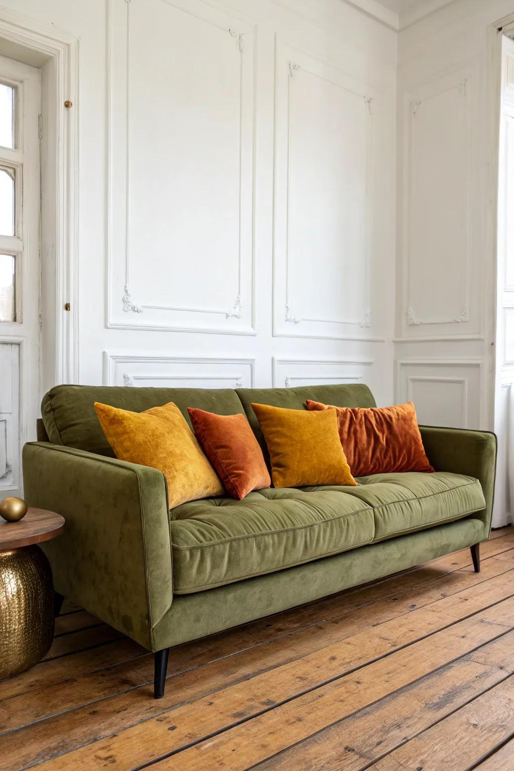 Bright cushions offer an energetic contrast to the verdant settee.