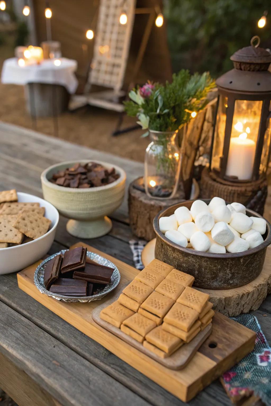 A charming fireside treat station, primed for marshmallow toasting fun.
