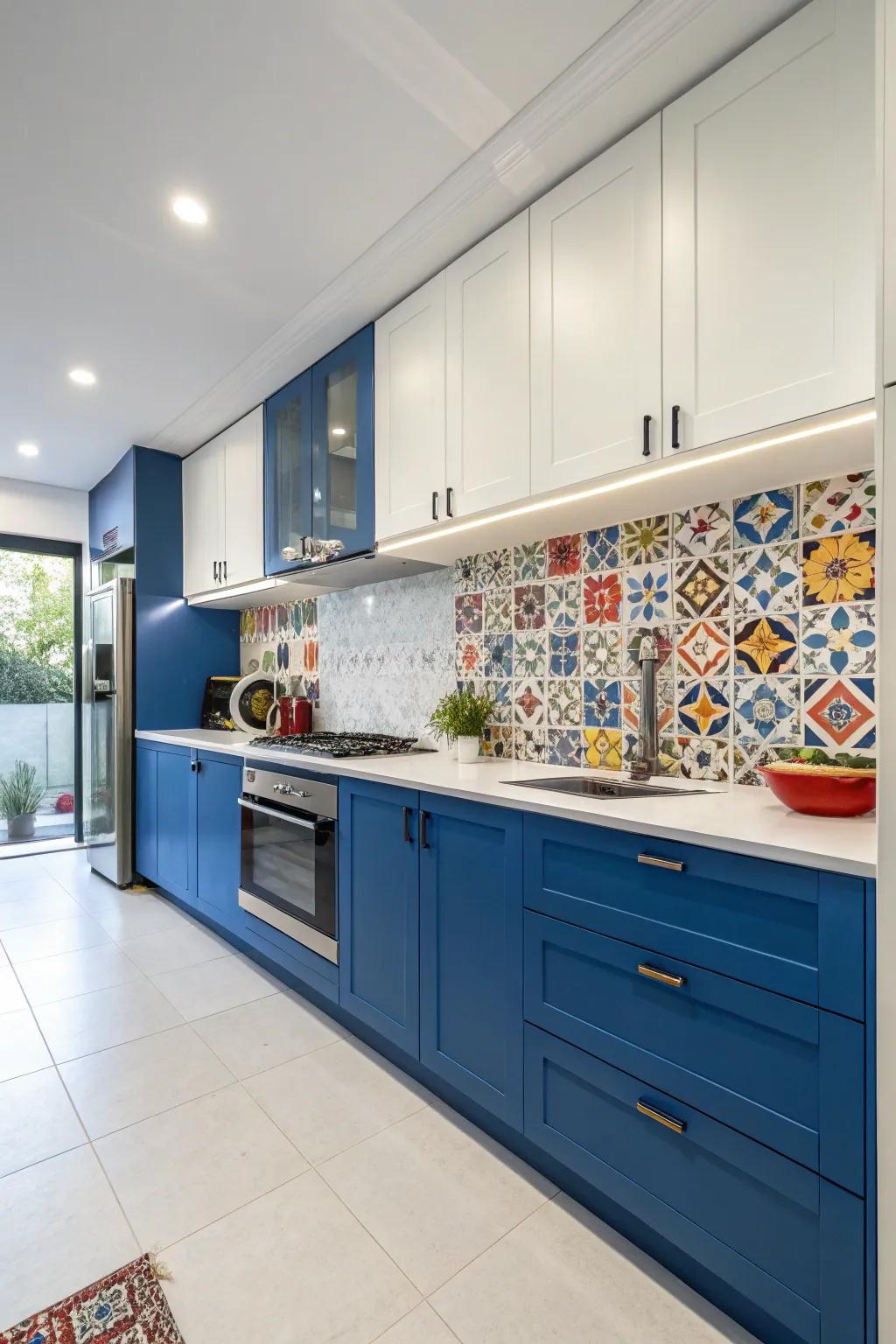 A one-wall kitchen with vibrant energy added through bold blue units.