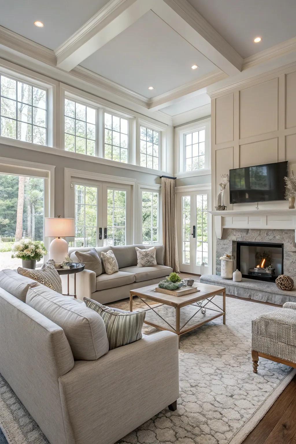 A calming color palette unifies this open living space.