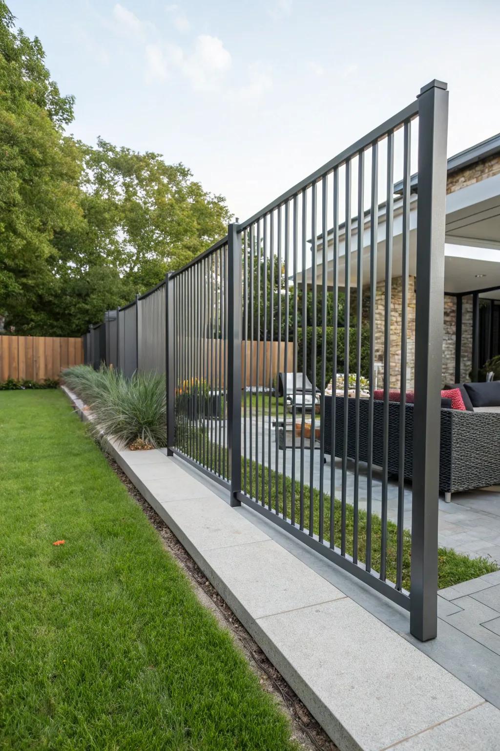 Elegant upright metal stripes offer a sleek and airy perimeter solution.