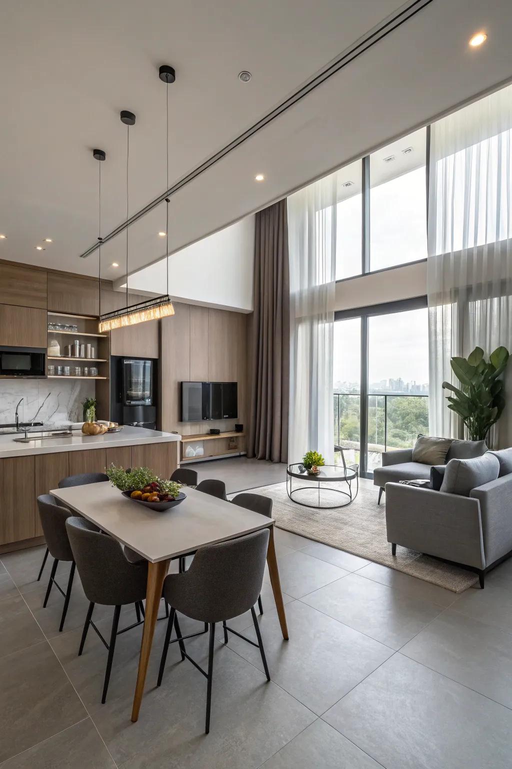 An integrated, open-concept space fluidly blends the living, dining, and cooking zones.