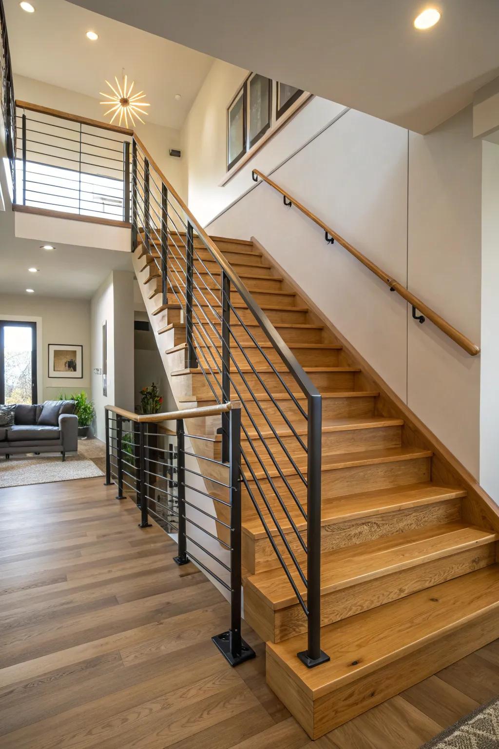 Natural wood tones bring warmth to this open staircase.