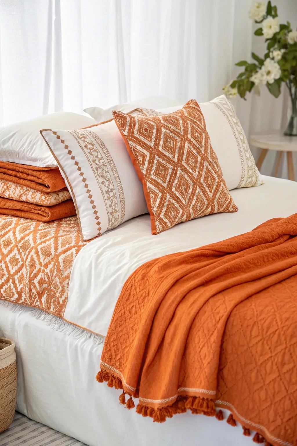Layered orange fabrics contribute warmth and dimension to the room.