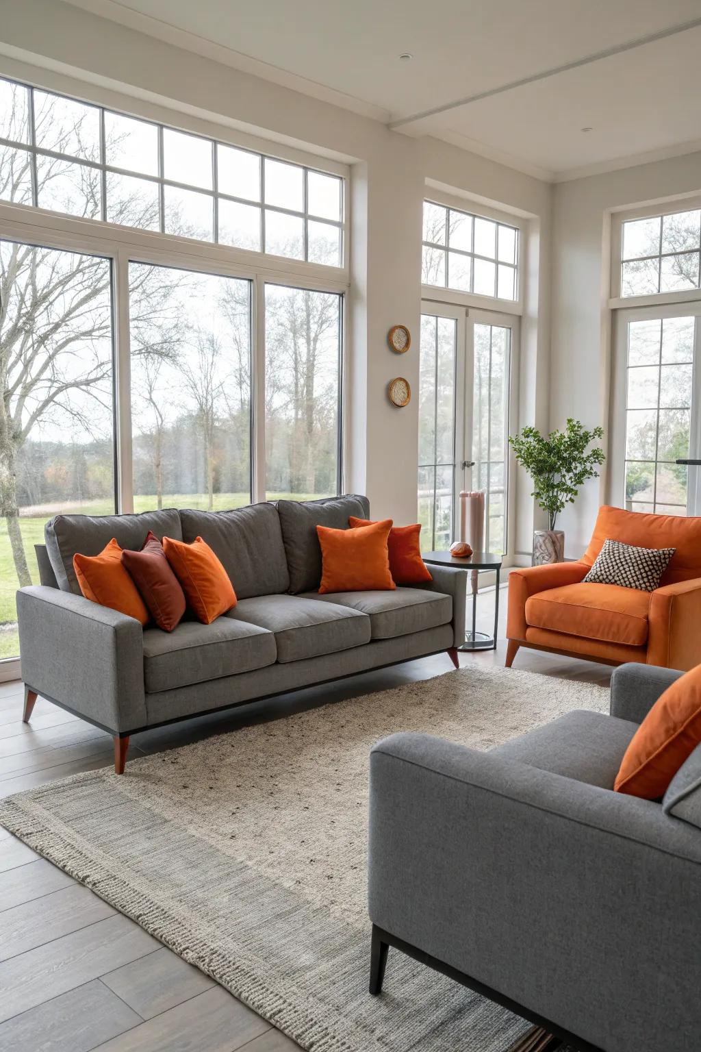 A balanced living space featuring gray furnishings emphasized by orange cushions.