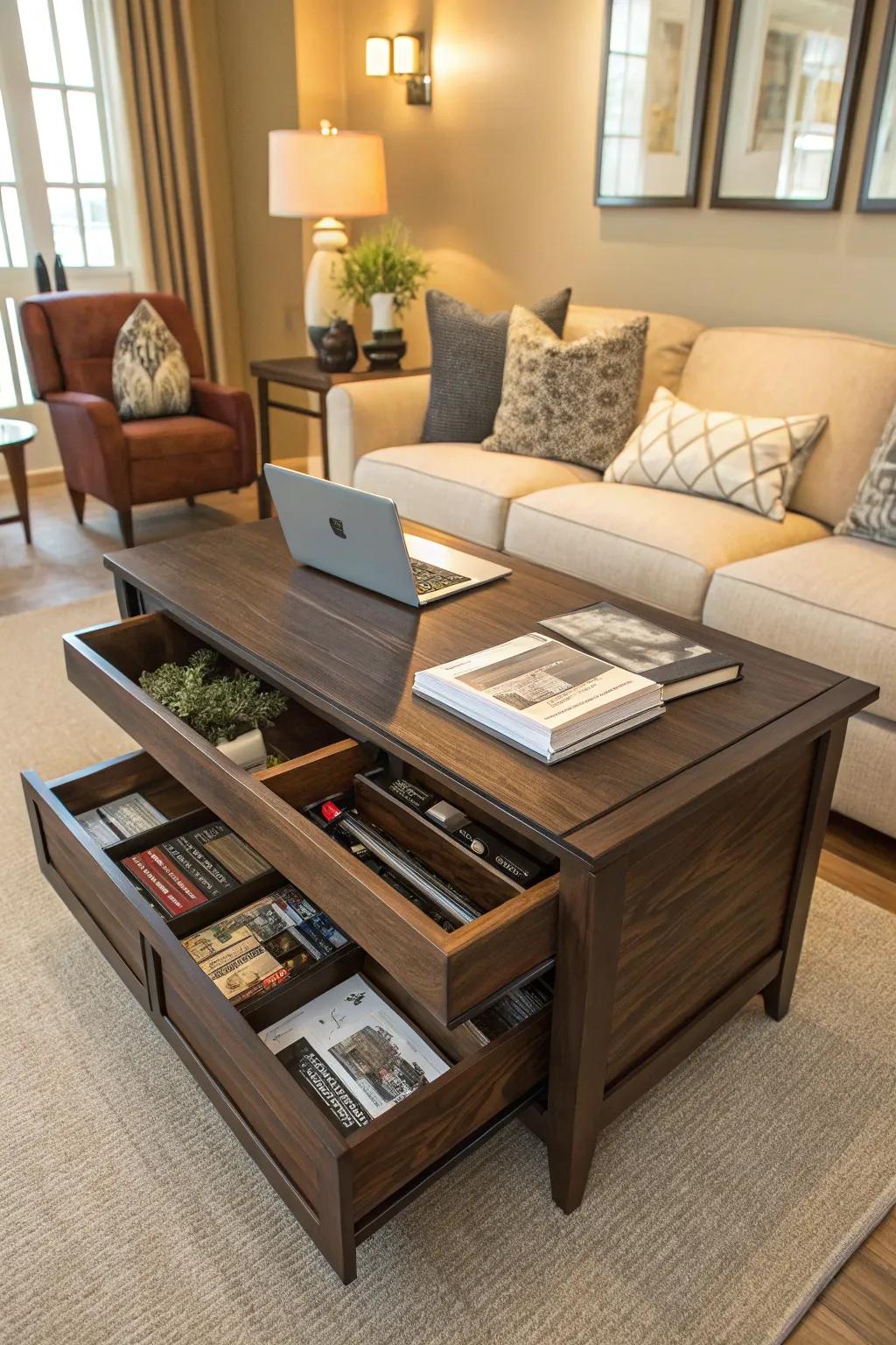A coffee table with storage is simultaneously elegant and practical.
