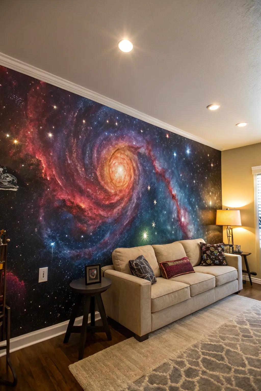 An arresting galactic mural transforming any wall into an otherworldly spectacle.