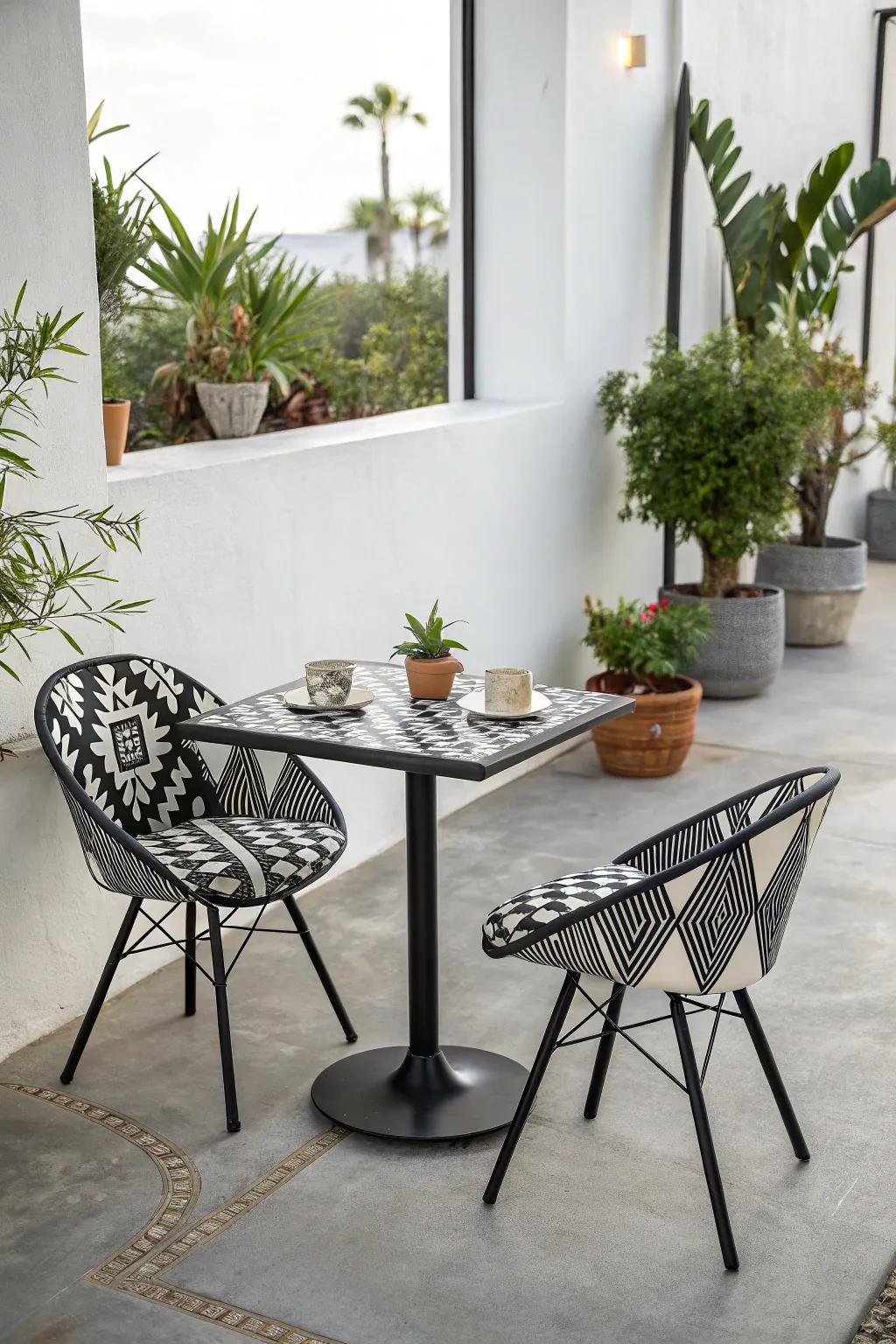 Modern sophistication merges with outdoor ease through angular patterns.