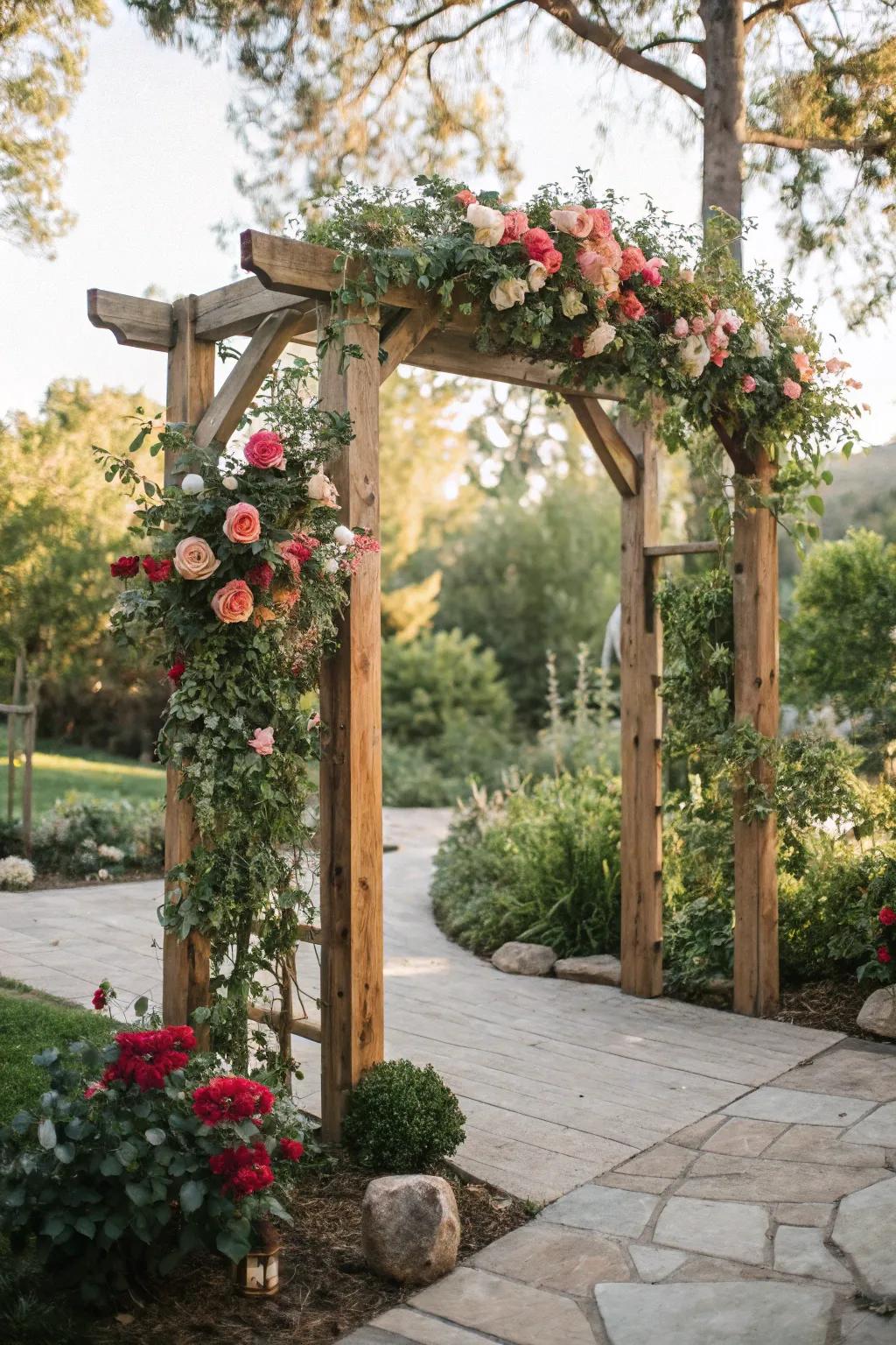 A countryside timber archway, exquisitely embellished with florals and foliage.