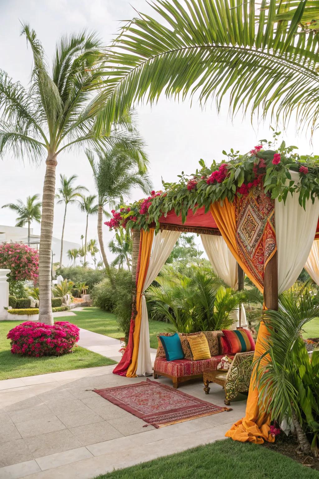 Create a tropical atmosphere at home with a vibrant and inviting canopy arrangement.