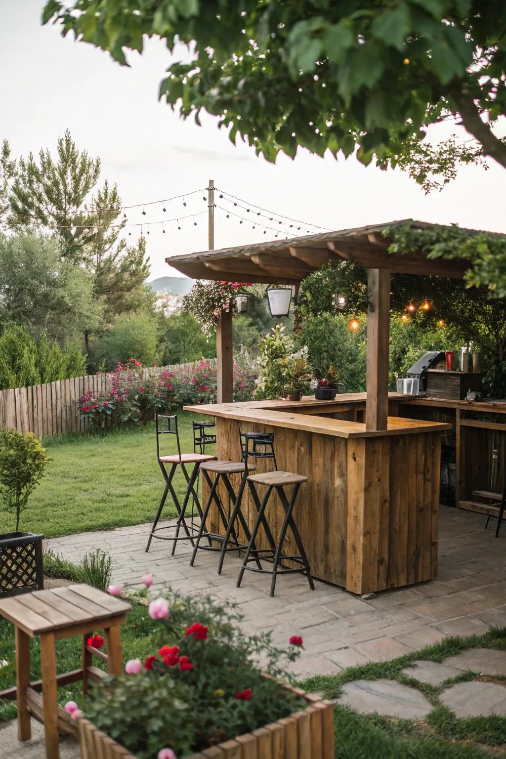 A welcoming, rustic wooden coffee bar is ideal for outdoor social gatherings.