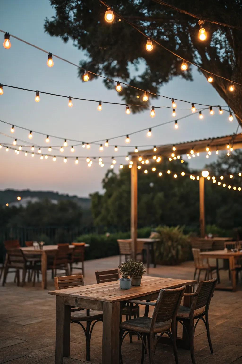 A magical outdoor dining spot illuminated by light strands.