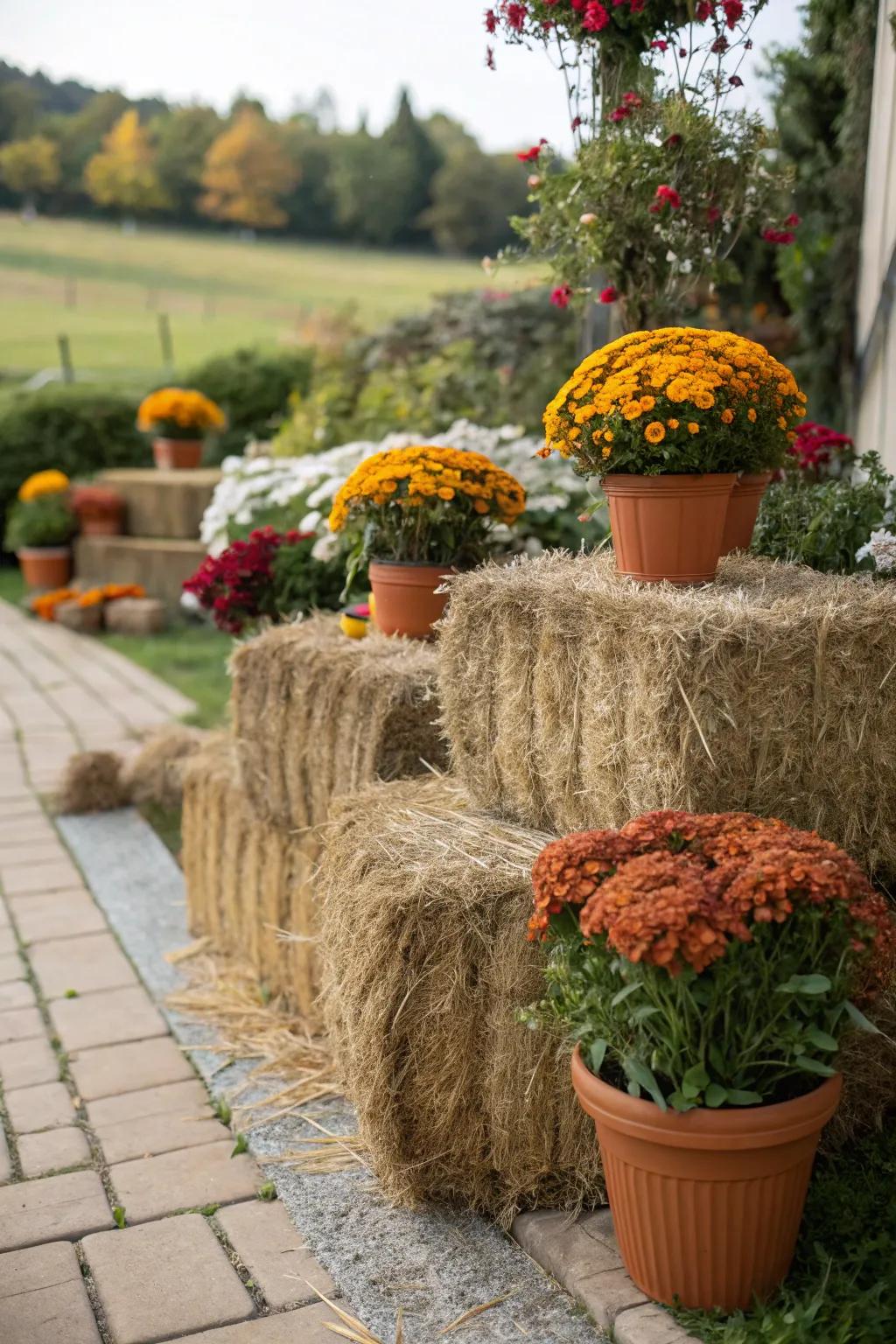 Pressed hay blocks adorned with vibrant garden mums create an eye-catching panorama.