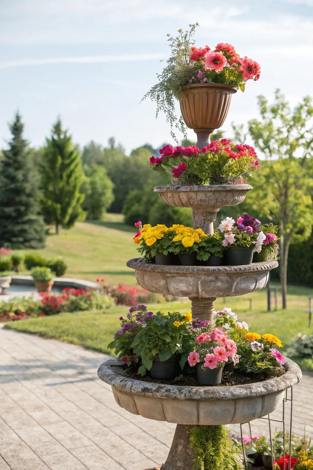 A multi-tiered plant stand displaying flowers of different heights for a striking visual impact.