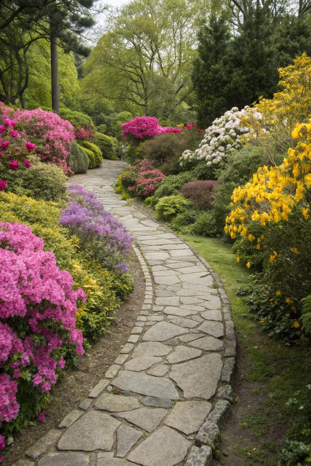 A picturesque stone path meandering through a flourishing garden.