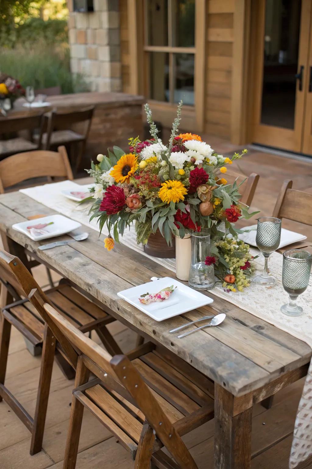 Natural wood tables and seasonal floral decorations add appeal.