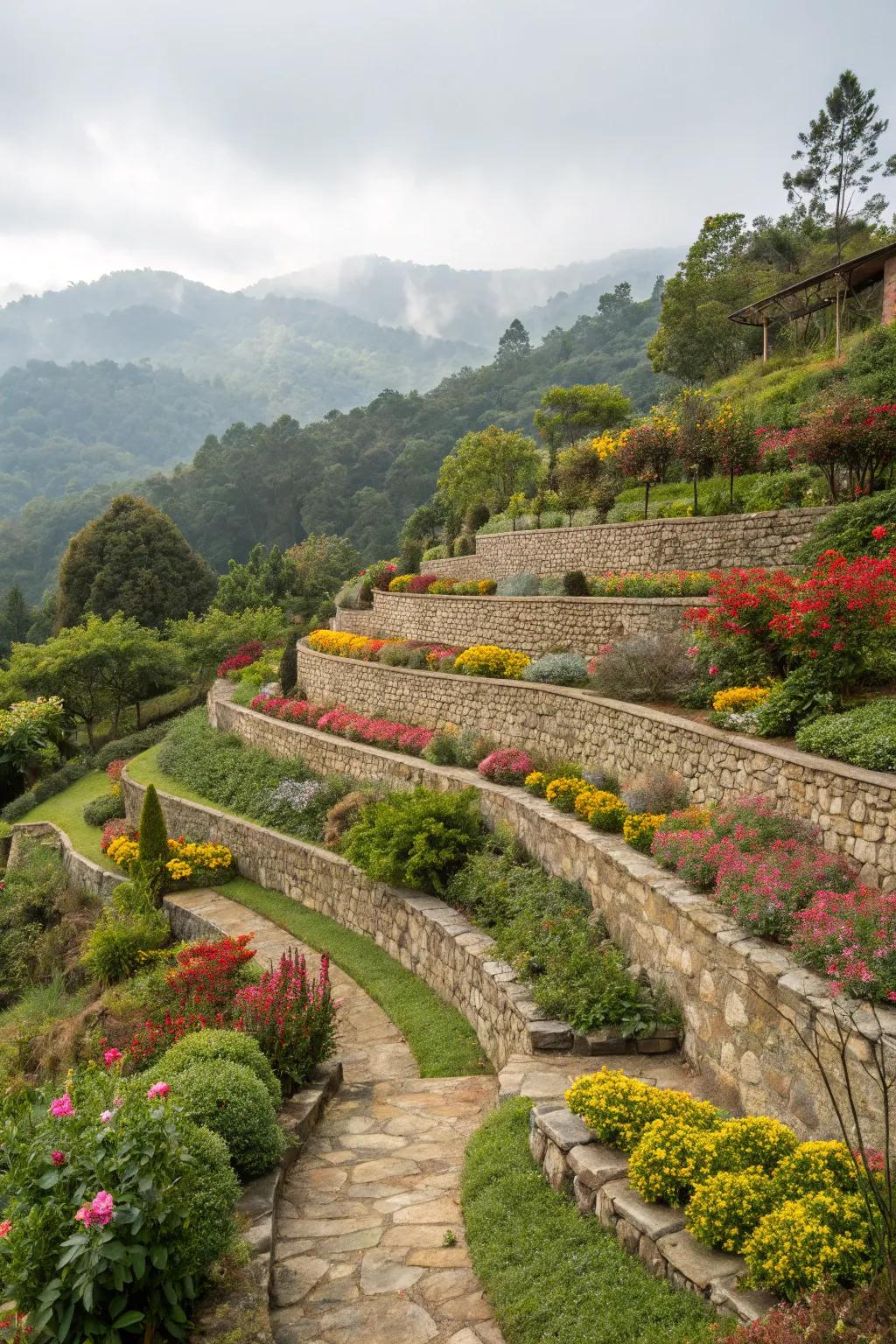 Terraced stone walls convert sloping areas into attractive garden displays.