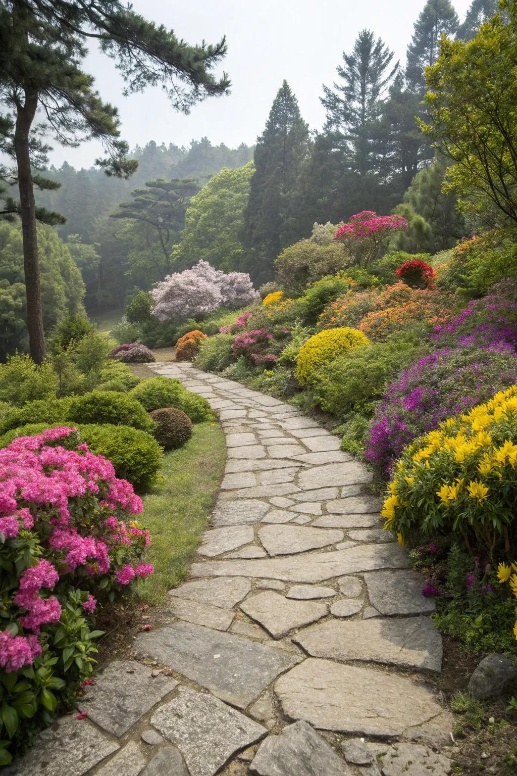 A stone garden walkway enveloped by lush verdure and vibrant flora.