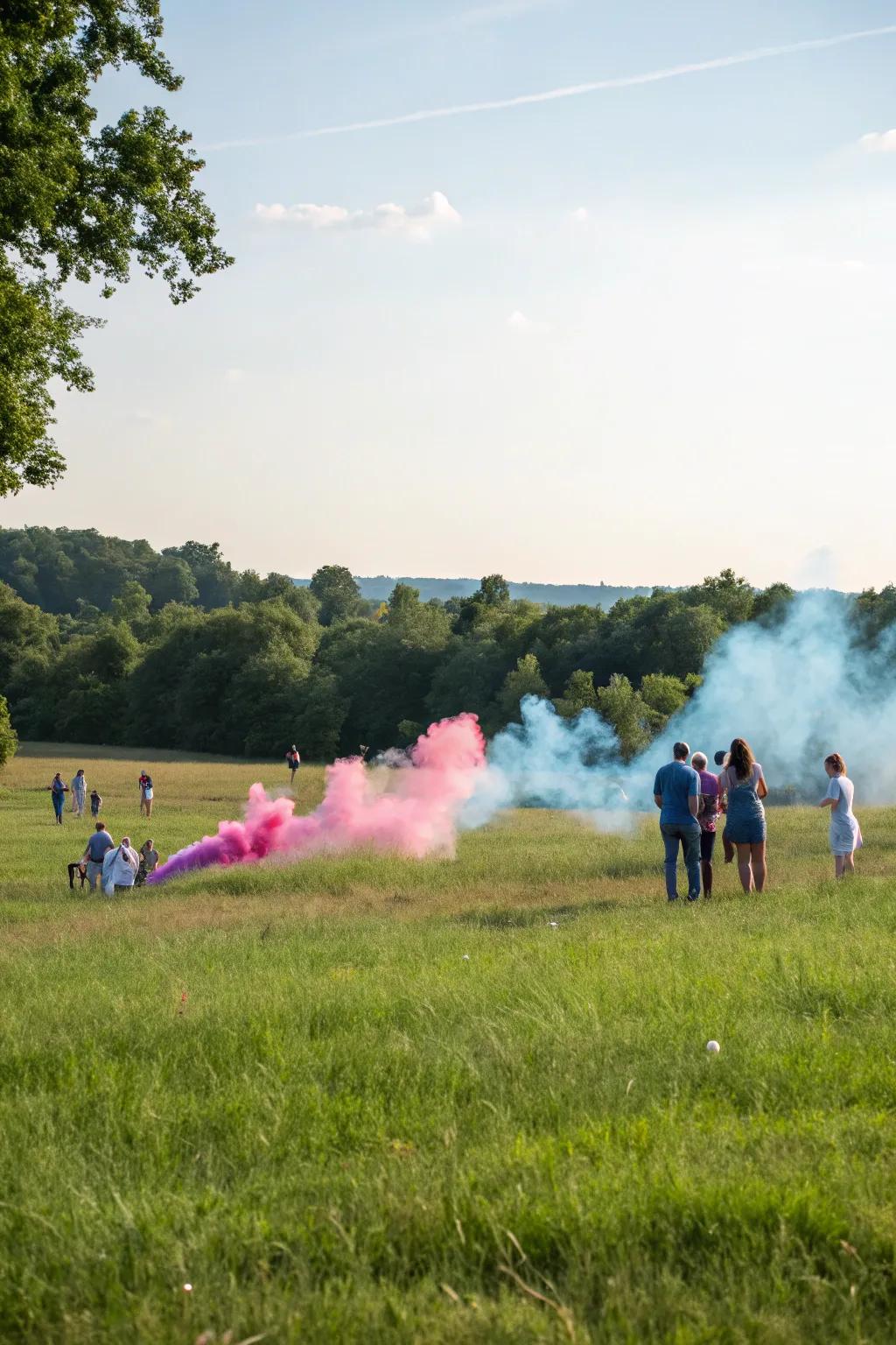 An amazing colored smoke display brilliantly reveals the gender.