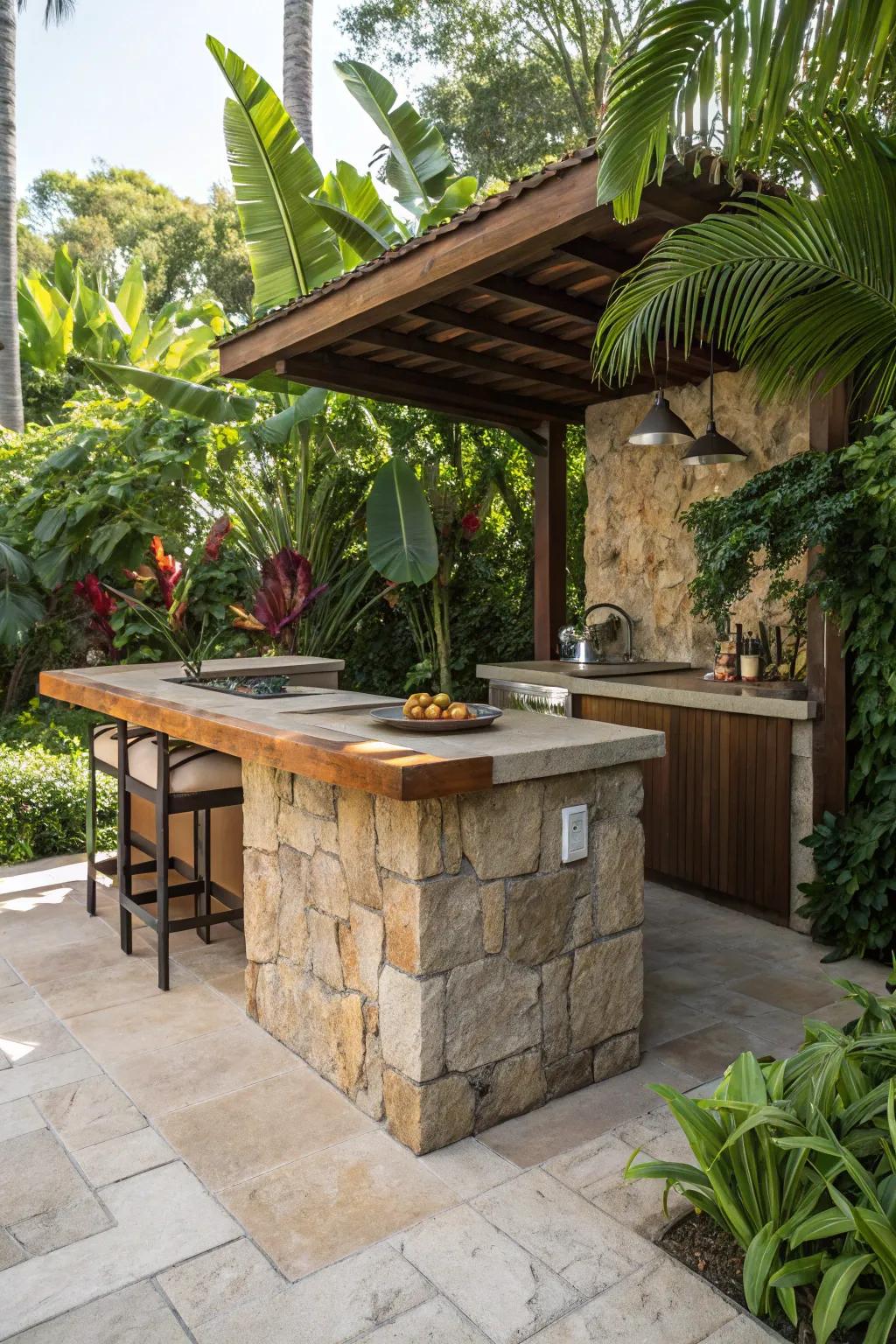 An island bar design stimulates conversation and serves as a central gathering location.