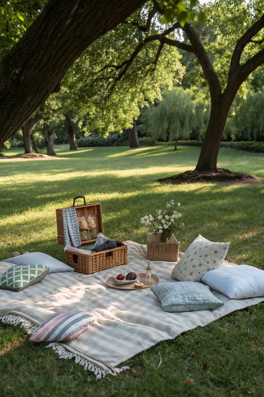 Design a relaxing area with throws and cushions for a casual park celebration.