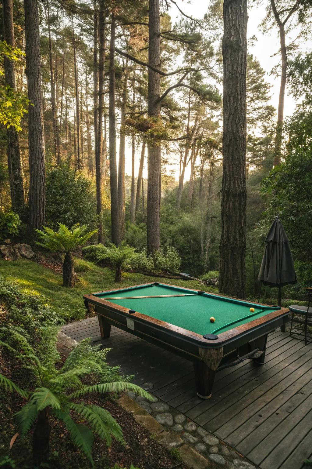 A billiard table amid a wooded backyard, conjuring a placid, nature-inspired tableau.
