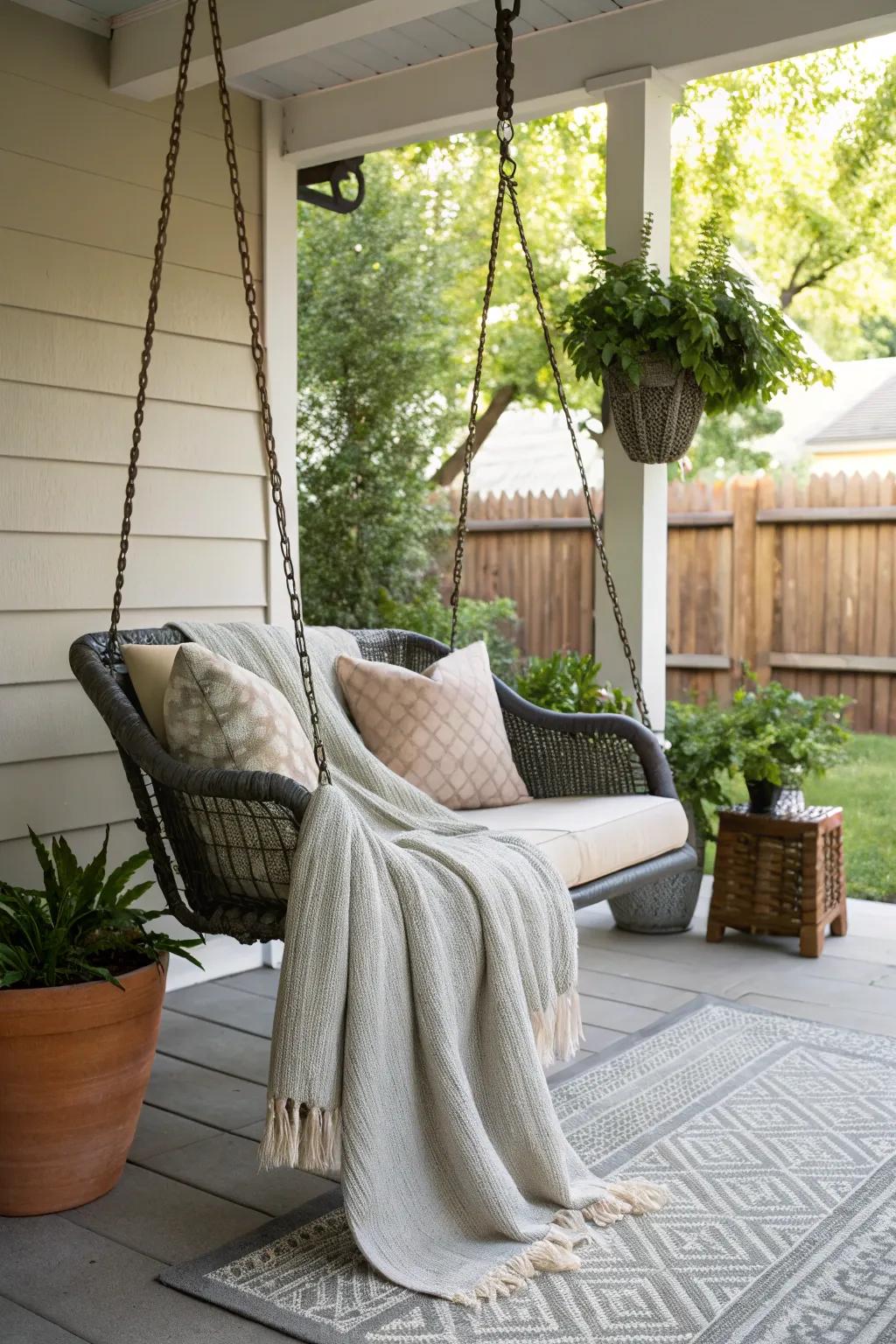 A fashionable swinging chair provides a cozy sanctuary on this delightful porch.