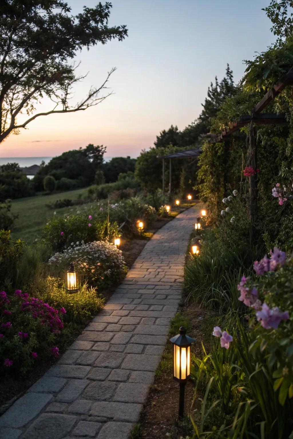 Pathway lights guiding your steps with elegance.