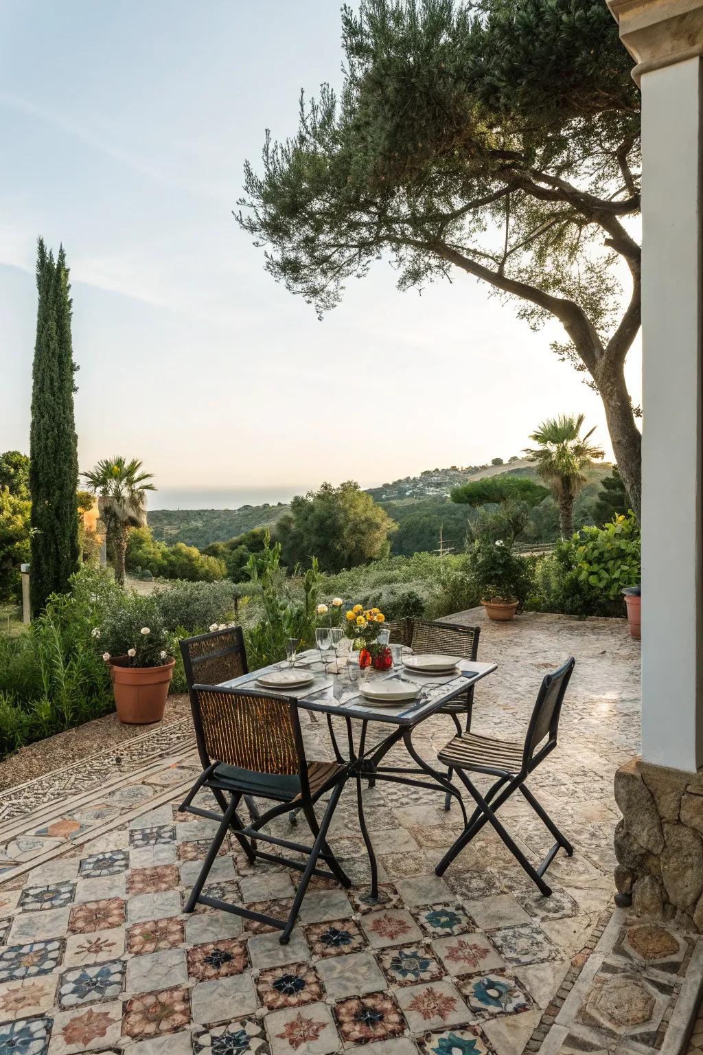Savor meals in style within a gracefully tiled outdoor dining space.