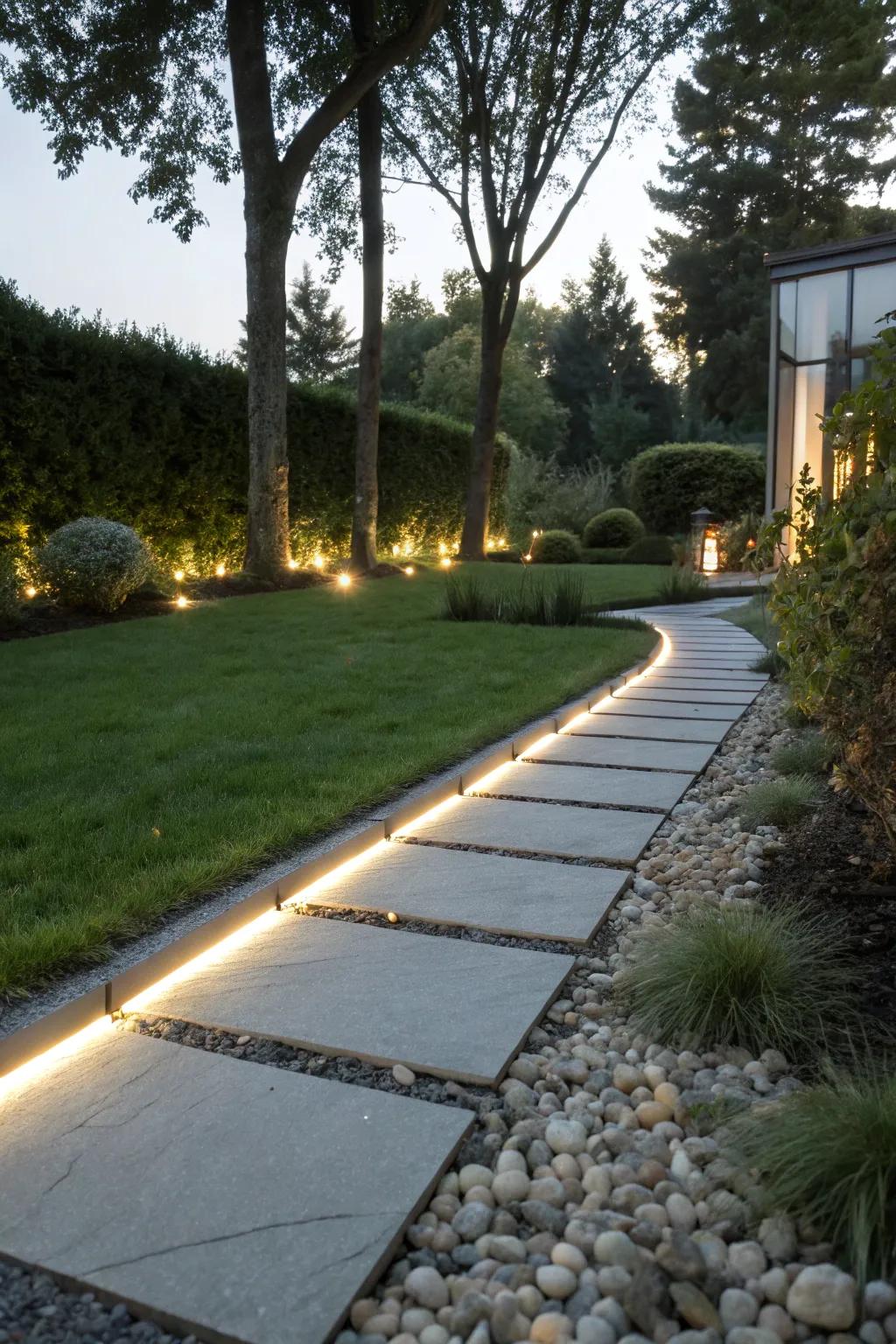 Elegant LED strips illuminate a modern path.