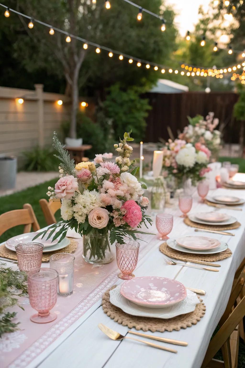 A gracefully designed table layout appropriate for a baby shower outdoors.