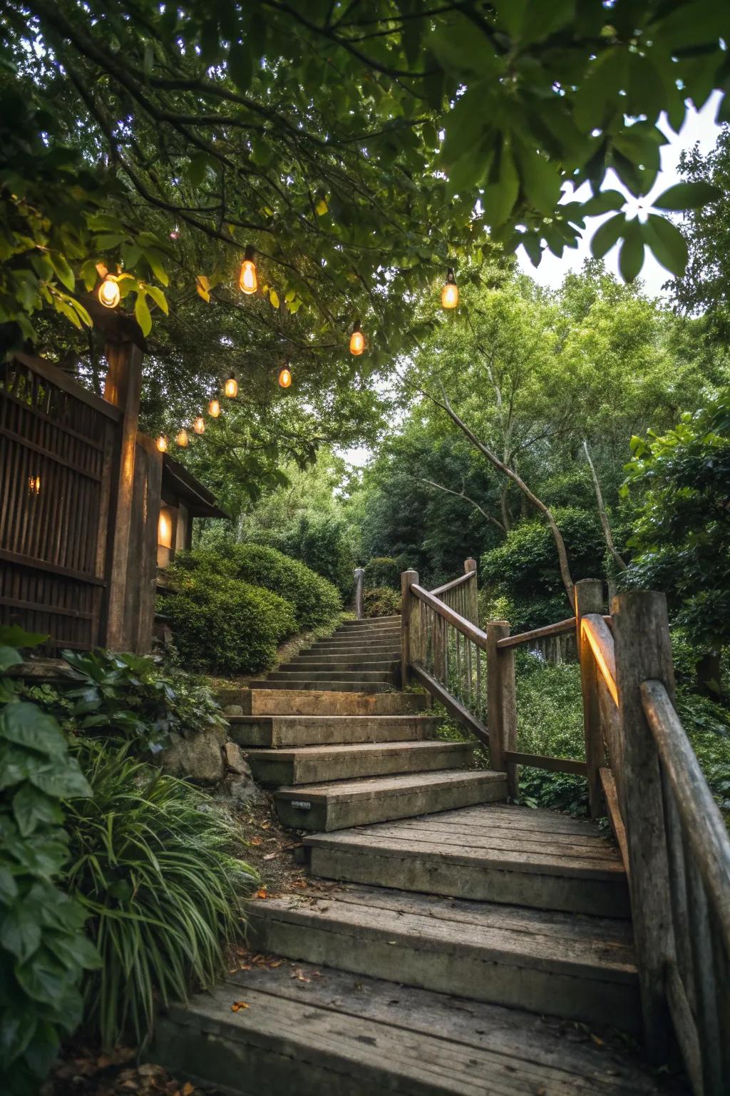 Inviting wood stairs brightened by soft lights.