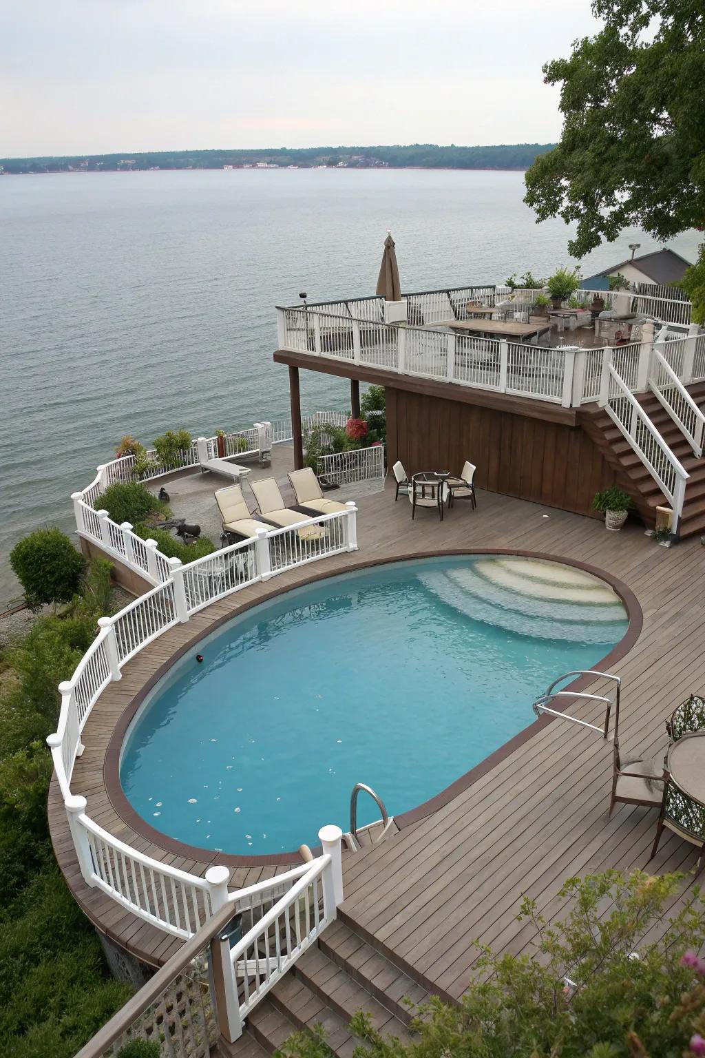 Tiered decks fashion a vibrant and adaptable pool atmosphere.