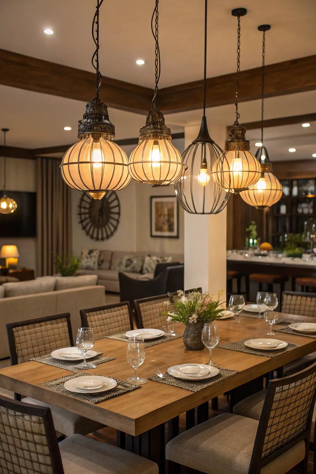 Grouped pendant lights present modern charm and dimension.
