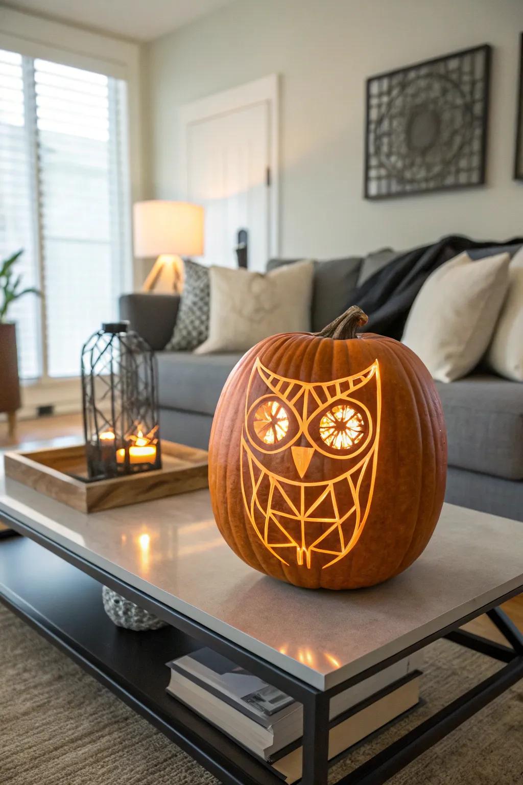 A geometric owl pattern provides a modern spin on pumpkin carving.