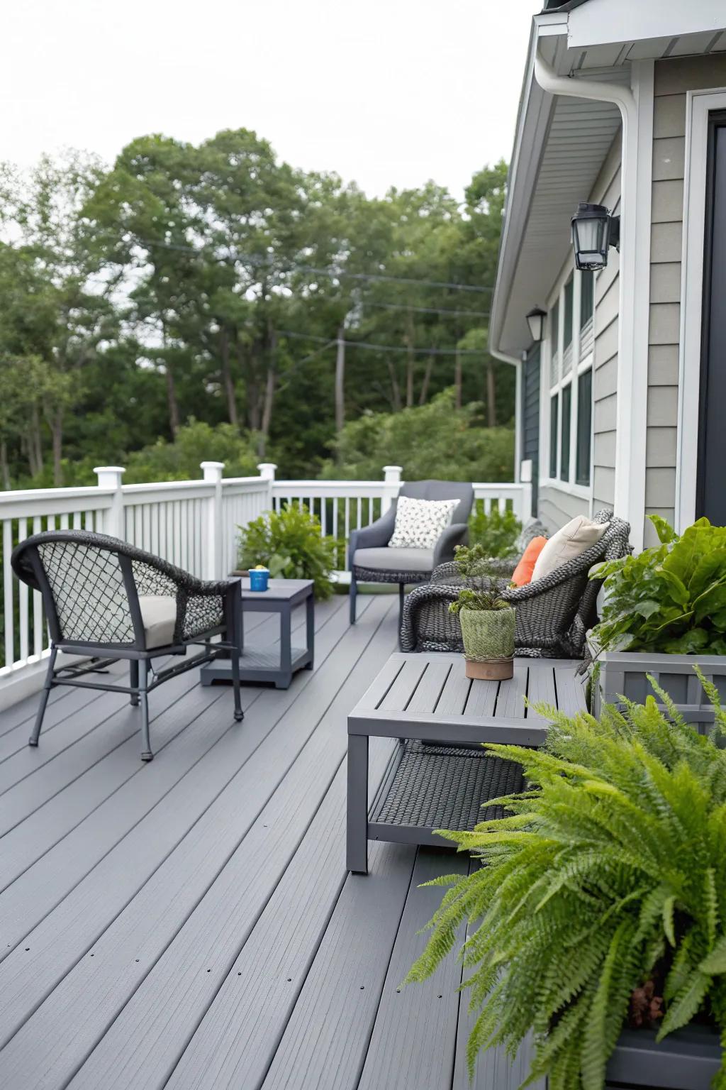 A modern deck in gray tones blending effortlessly with stylish outdoor furnishings.