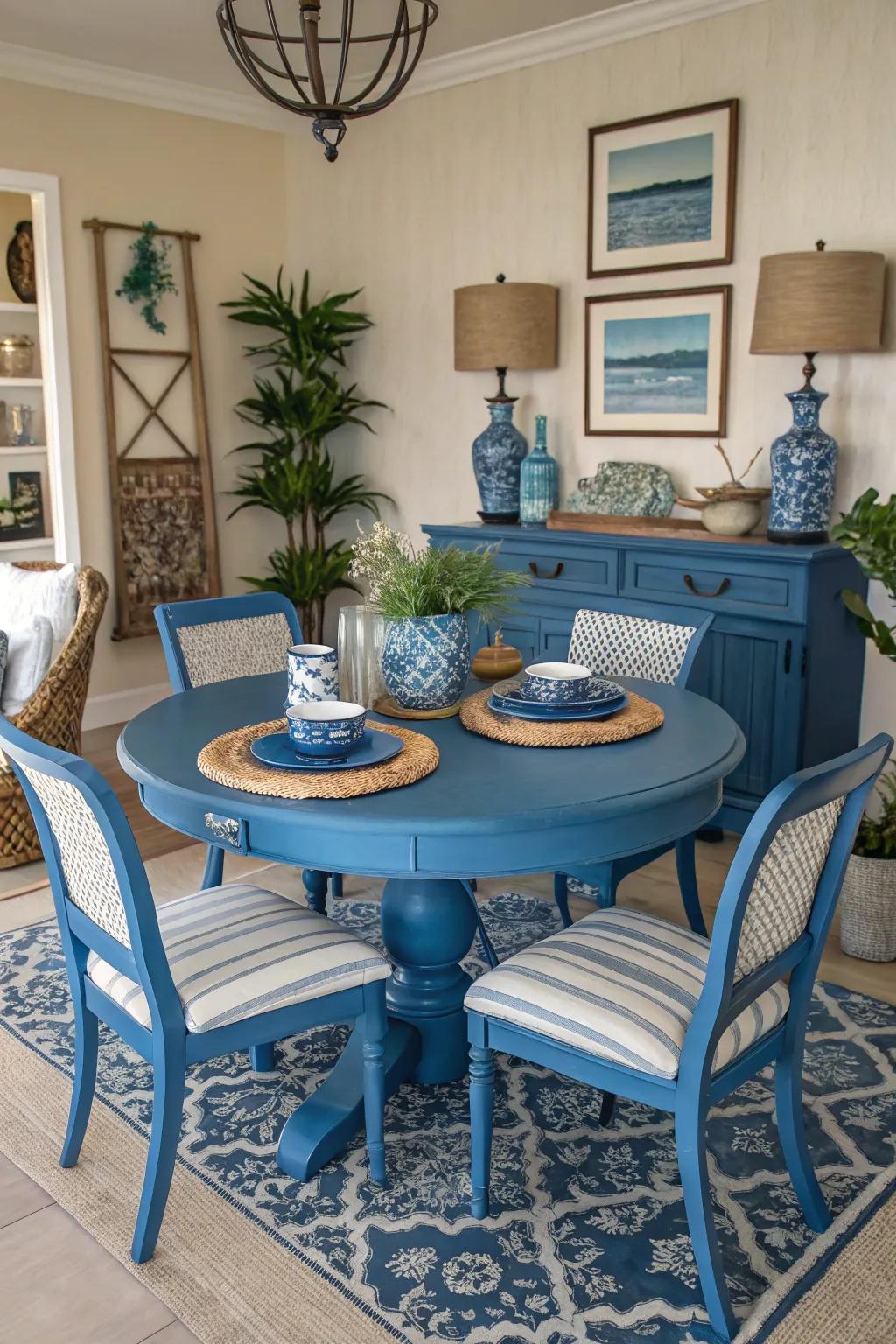 A vibrant blue table injects a lively splash of color into your dining area.