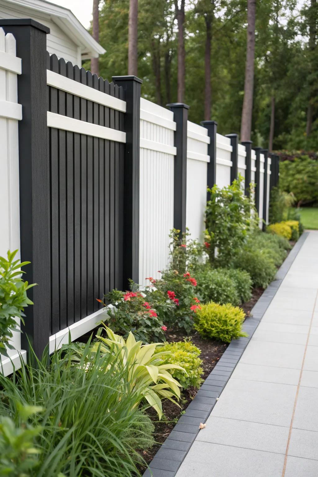 Monochrome fences offer an eye-catching backdrop for vibrant gardens.