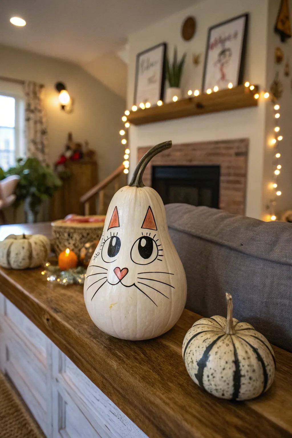 A lively gourd painted as a whimsical cat.