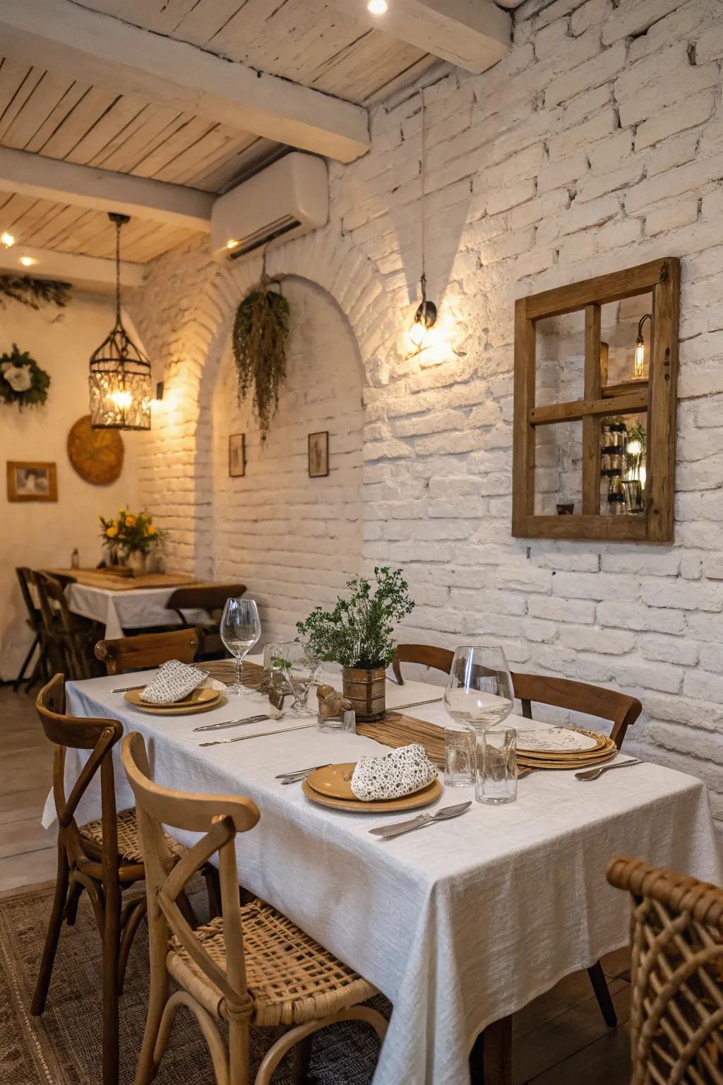 A dining area radiating charm through its whitewashed brick wall and time-honored accents.