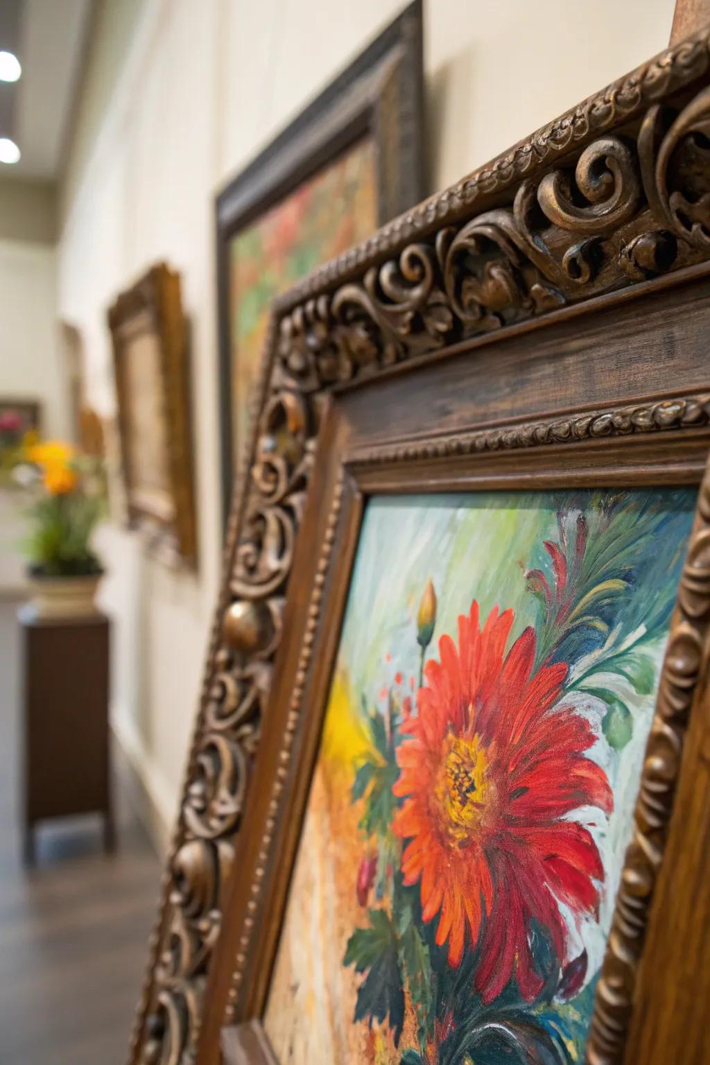 An embellished frame adding elegance to a colorful painting.