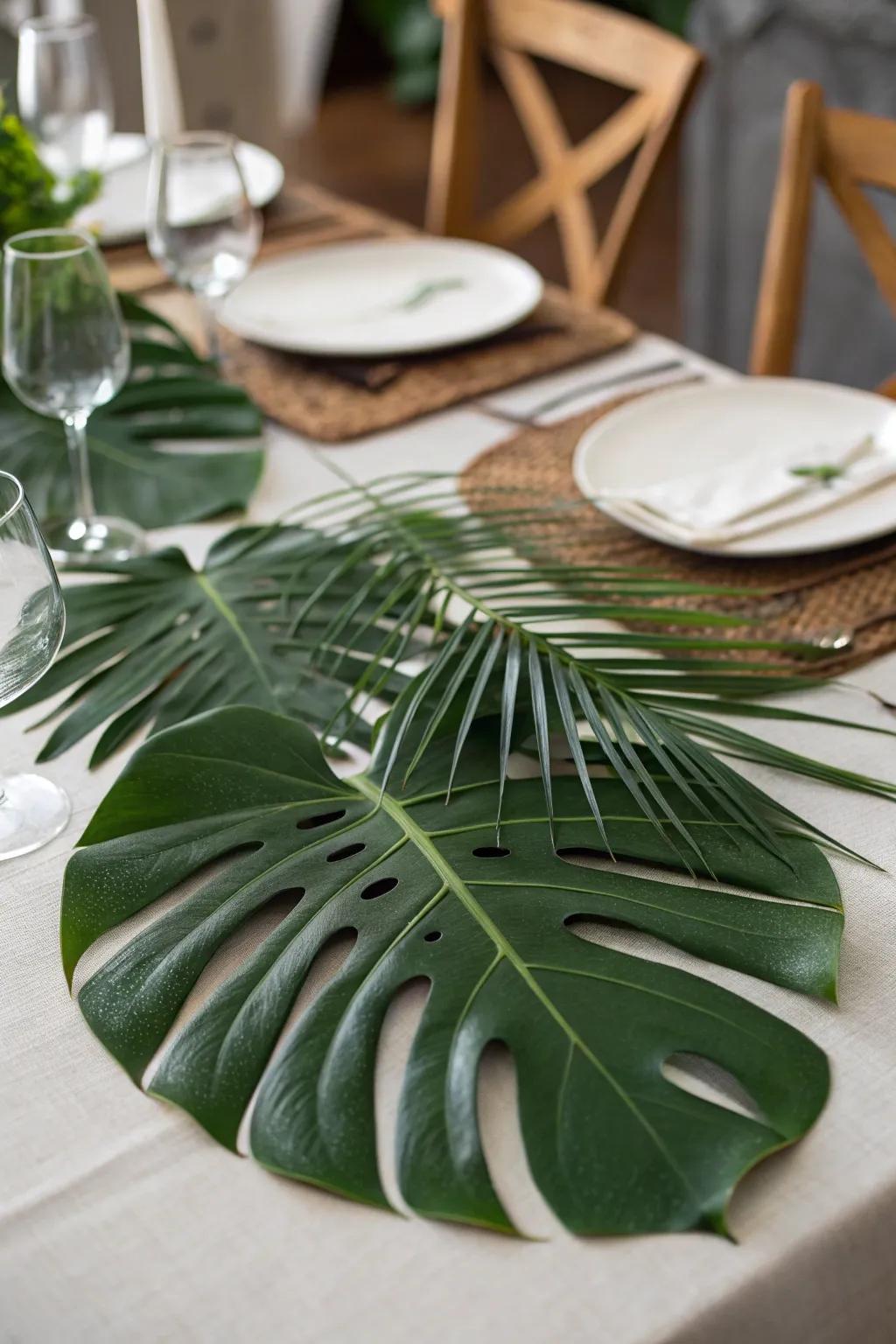 Sophisticated swiss cheese plant leaves used as both placemats and focal elements.