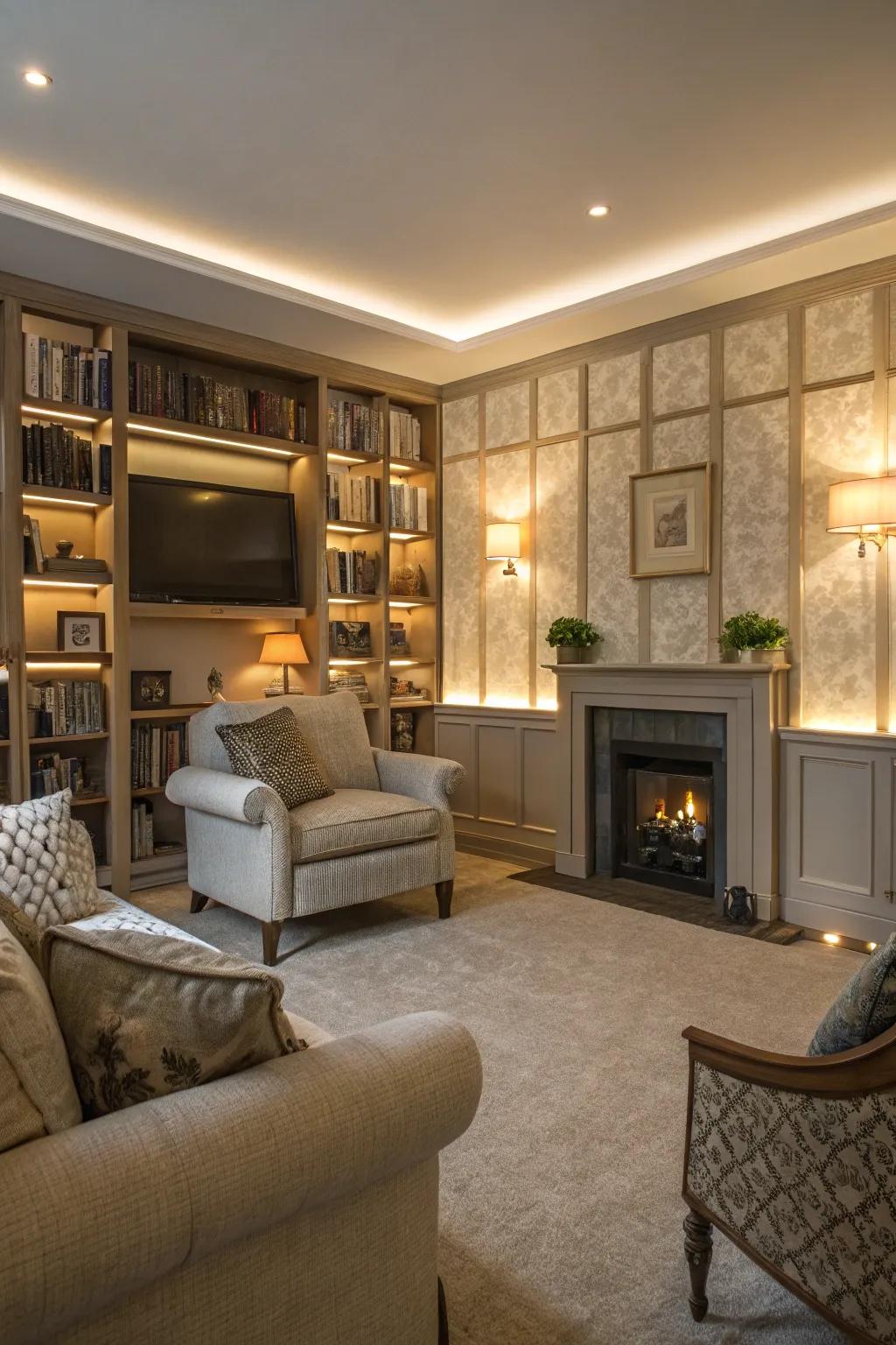 Family room featuring lighting integrated into panel designs.