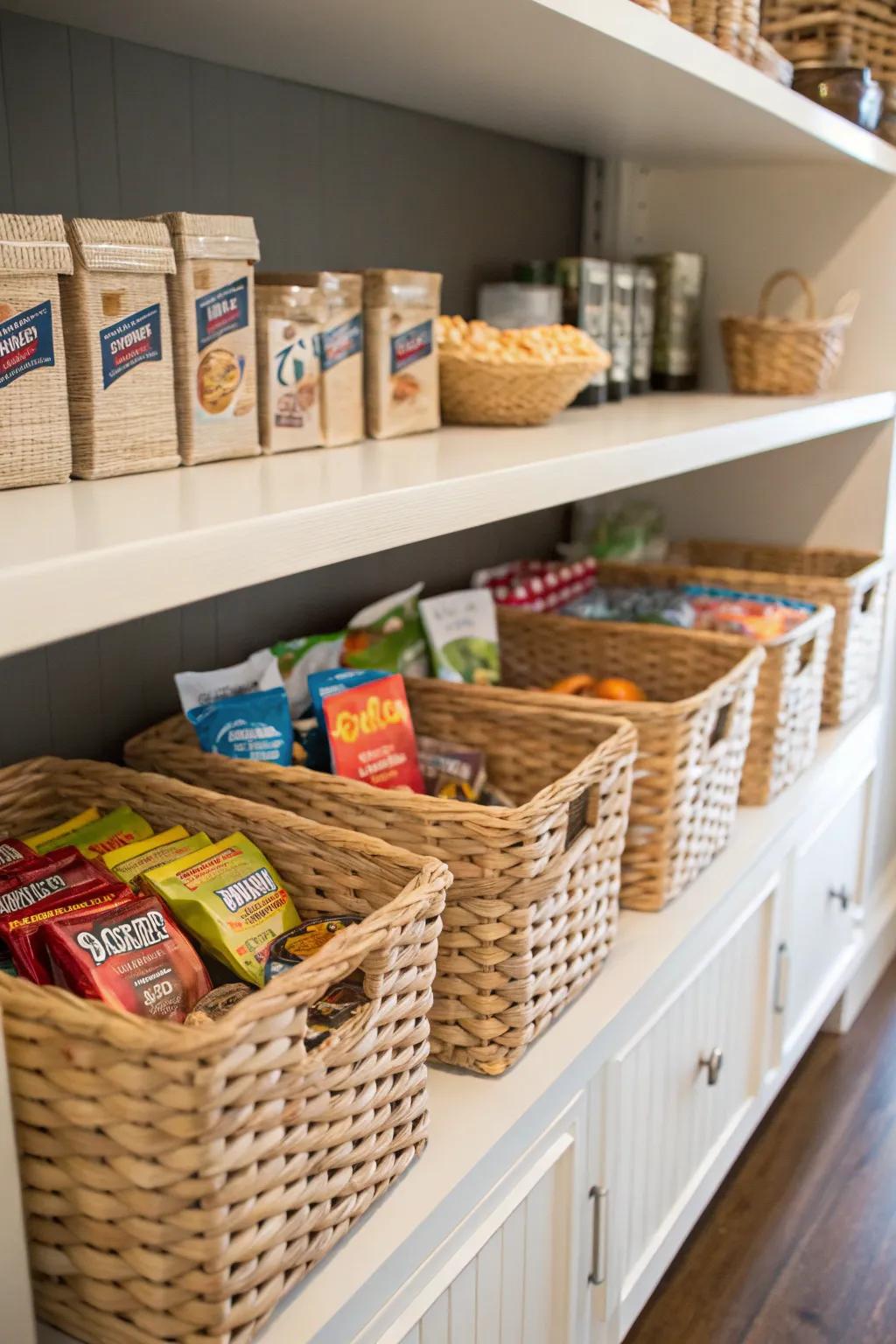 Woven baskets blend style and practicality for storing volume snacks.