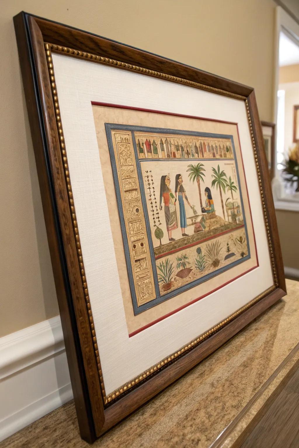 Double matting improves the hue and depth in papyrus art.