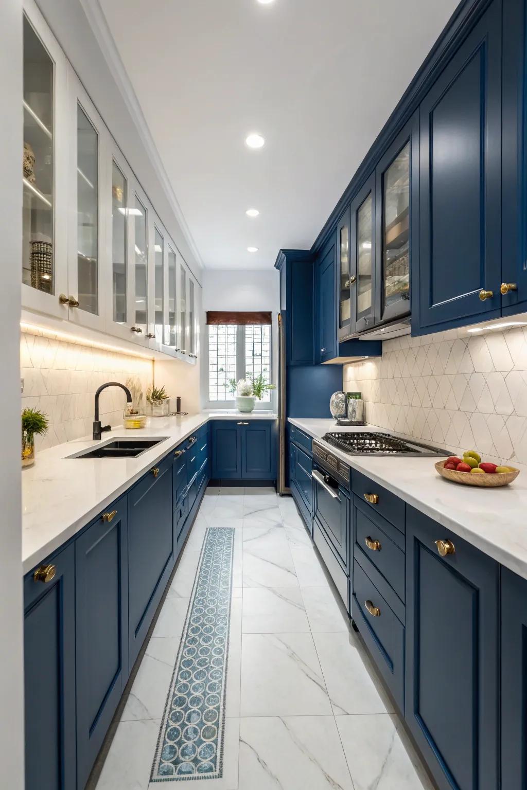 Bold colors invigorate and add character to a parallel kitchen layout.