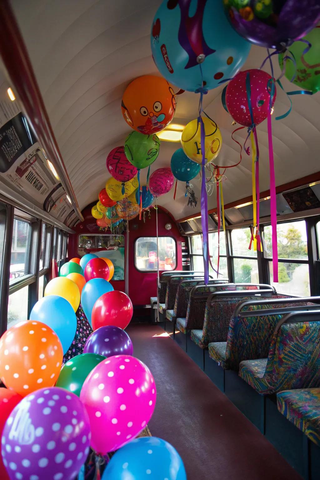 Balloons contribute a playful and colorful element to any celebration bus.