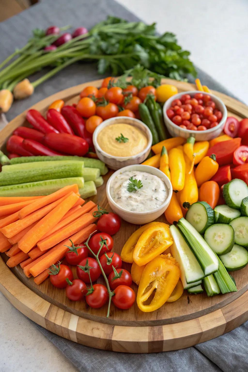 A bright array of fresh vegetables complemented by delicious dips.