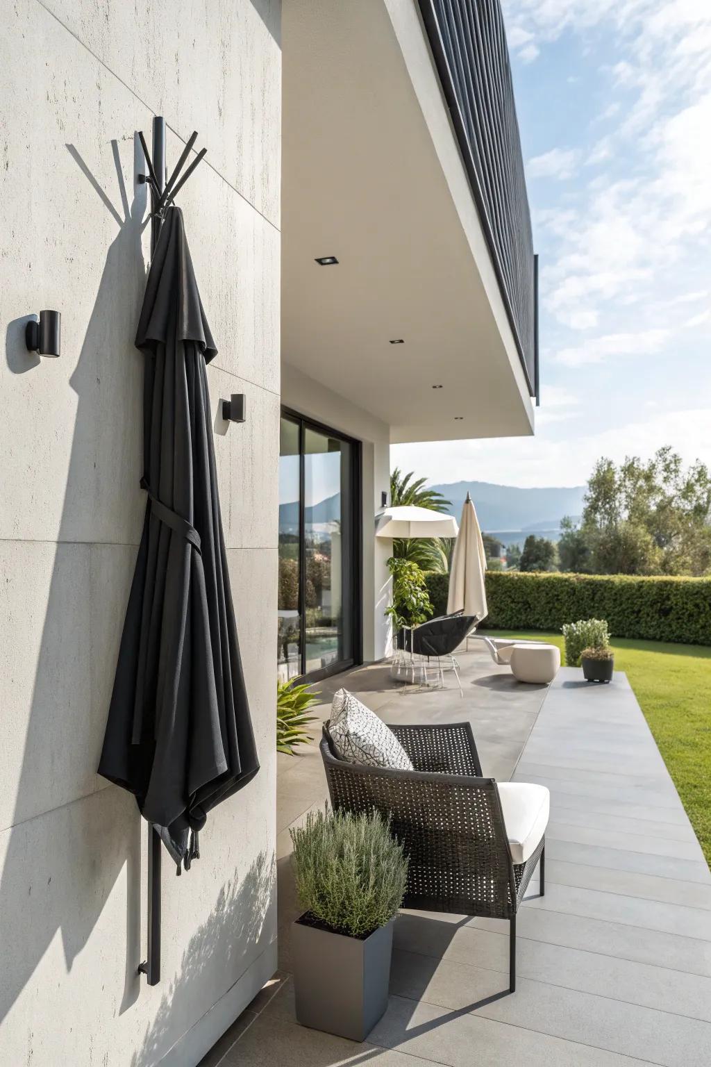 Maximize space using a wall-secured mount for your umbrella.