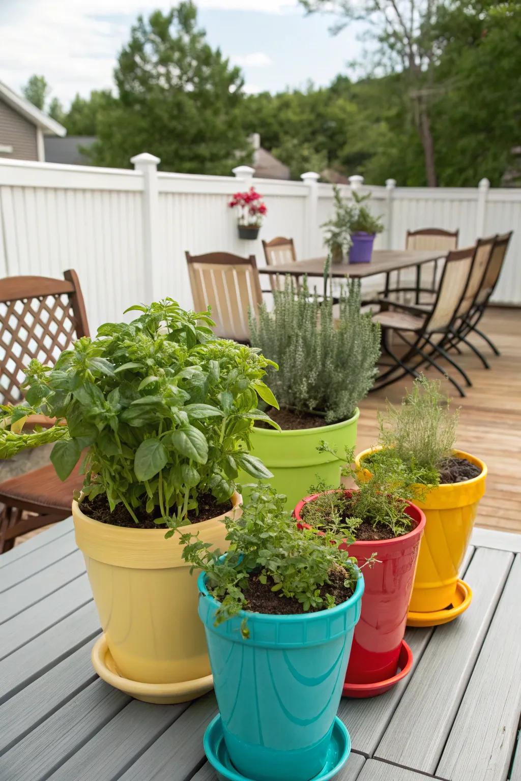 A lively collection of herb containers adds a refreshing culinary touch.